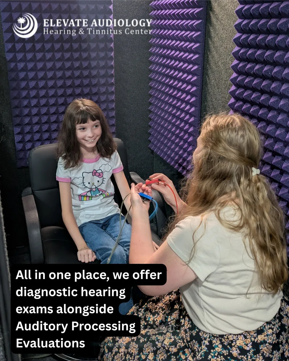Pediatric hearing testing in the Elevate Audiology sound booth — diagnostic exams alongside Auditory Processing evaluations