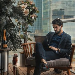 A businessman using a laptop outside.