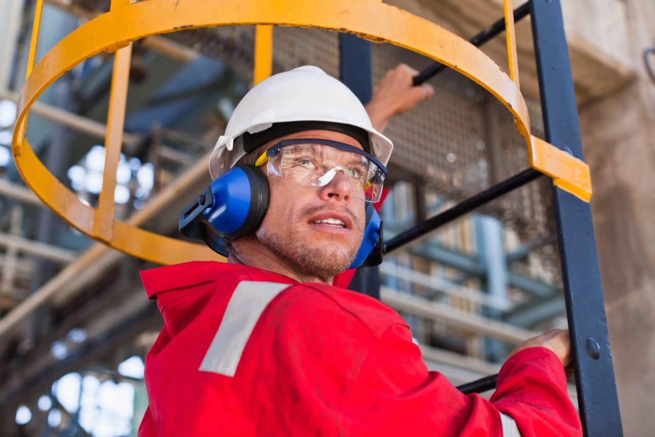 Man wearing hearing protection on the job.
