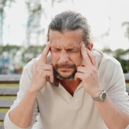 man on bench holding temples in visible pain